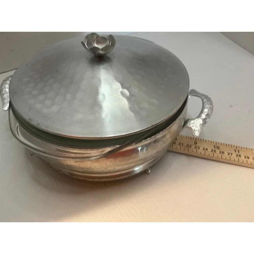 Vintage Hammered Aluminum Casserole Dish with Glass Insert Silver 9in